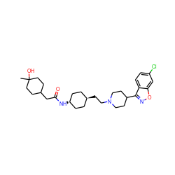 CC1(O)CCC(CC(=O)N[C@H]2CC[C@H](CCN3CCC(c4noc5cc(Cl)ccc45)CC3)CC2)CC1 ZINC001772640352