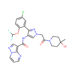 CC1(O)CCN(C(=O)Cn2cc(NC(=O)c3cnn4cccnc34)c(-c3cc(Cl)ccc3OC(F)F)n2)CC1 ZINC001772638182