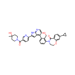 CC1(O)CCN(C(=O)c2ccc(-c3cc4c(-c5cccc(N6CCOc7cc(C8CC8)ccc7C6=O)c5CO)ccnc4[nH]3)nc2)CC1 ZINC000224760741