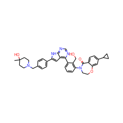 CC1(O)CCN(Cc2ccc(-c3cc4c(-c5cccc(N6CCOc7cc(C8CC8)ccc7C6=O)c5CO)ncnc4[nH]3)cc2)CC1 ZINC000148718745