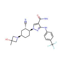 CC1(O)CN([C@@H]2CC[C@H](n3cc(C(N)=O)c(Nc4ccc(C(F)(F)F)cc4)n3)[C@@H](C#N)C2)C1 ZINC000222978280