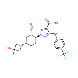 CC1(O)CN([C@H]2CC[C@H](n3cc(C(N)=O)c(Nc4ccc(C(F)(F)F)cc4)n3)[C@@H](C#N)C2)C1 ZINC000222979528