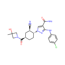 CC1(O)CN(C(=O)[C@@H]2CC[C@@H](n3cc(C(N)=O)c(Nc4ccc(Cl)cc4)n3)[C@H](C#N)C2)C1 ZINC000205028073