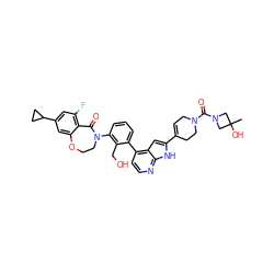 CC1(O)CN(C(=O)N2CC=C(c3cc4c(-c5cccc(N6CCOc7cc(C8CC8)cc(F)c7C6=O)c5CO)ccnc4[nH]3)CC2)C1 ZINC000205713869