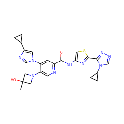 CC1(O)CN(c2cnc(C(=O)Nc3csc(-c4nncn4C4CC4)n3)cc2-n2cnc(C3CC3)c2)C1 ZINC000209574364