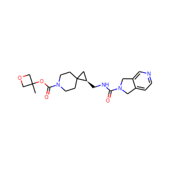 CC1(OC(=O)N2CCC3(CC2)C[C@H]3CNC(=O)N2Cc3ccncc3C2)COC1 ZINC001772585030