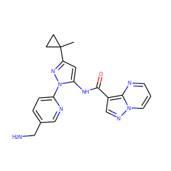 CC1(c2cc(NC(=O)c3cnn4cccnc34)n(-c3ccc(CN)cn3)n2)CC1 ZINC000203753361