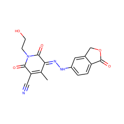 CC1=C(C#N)C(=O)N(CCO)C(=O)/C1=N/Nc1ccc2c(c1)COC2=O ZINC000100552444