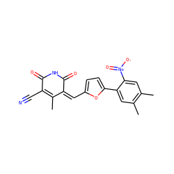 CC1=C(C#N)C(=O)NC(=O)/C1=C\c1ccc(-c2cc(C)c(C)cc2[N+](=O)[O-])o1 ZINC000013544444