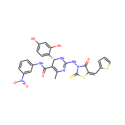CC1=C(C(=O)Nc2cccc([N+](=O)[O-])c2)[C@H](c2ccc(O)cc2O)NC(NN2C(=O)/C(=C\c3cccs3)SC2=S)=N1 ZINC000049777355