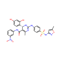 CC1=C(C(=O)Nc2cccc([N+](=O)[O-])c2)[C@H](c2ccc(O)cc2O)NC(Nc2ccc(S(=O)(=O)Nc3cc(C)on3)cc2)=N1 ZINC000049769625