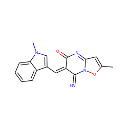 CC1=CC2=NC(=O)/C(=C\c3cn(C)c4ccccc34)C(=N)N2O1 ZINC000004921812