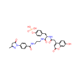 CC1=NN(c2ccc(C(=O)NCCCNC(=O)[C@@H](Cc3ccc(OP(=O)(O)O)cc3)NC(=O)Cc3cc(=O)oc4cc(O)ccc34)cc2)C(=O)C1 ZINC000038338261