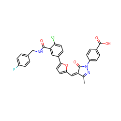 CC1=NN(c2ccc(C(=O)O)cc2)C(=O)/C1=C\c1ccc(-c2ccc(Cl)c(C(=O)NCc3ccc(F)cc3)c2)o1 ZINC001772634681