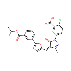 CC1=NN(c2ccc(Cl)c(C(=O)O)c2)C(=O)/C1=C\c1ccc(-c2cccc(C(=O)OC(C)C)c2)o1 ZINC000113855094