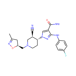 CC1=NO[C@H](CN2CC[C@@H](n3cc(C(N)=O)c(Nc4ccc(F)cc4)n3)[C@H](C#N)C2)C1 ZINC000220682964