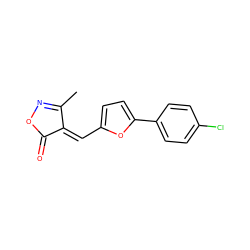 CC1=NOC(=O)/C1=C/c1ccc(-c2ccc(Cl)cc2)o1 ZINC000100100142