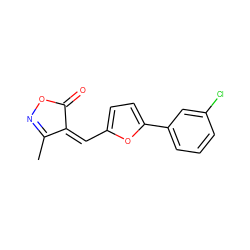 CC1=NOC(=O)/C1=C\c1ccc(-c2cccc(Cl)c2)o1 ZINC000013110916