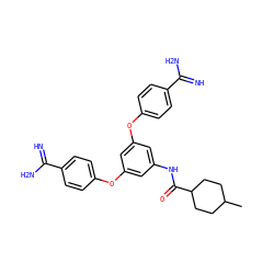 CC1CCC(C(=O)Nc2cc(Oc3ccc(C(=N)N)cc3)cc(Oc3ccc(C(=N)N)cc3)c2)CC1 ZINC000140392079