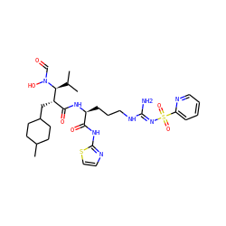 CC1CCC(C[C@@H](C(=O)N[C@@H](CCCN/C(N)=N/S(=O)(=O)c2ccccn2)C(=O)Nc2nccs2)[C@H](C(C)C)N(O)C=O)CC1 ZINC000027428442