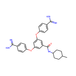 CC1CCC(NC(=O)c2cc(Oc3ccc(C(=N)N)cc3)cc(Oc3ccc(C(=N)N)cc3)c2)CC1 ZINC000114708371