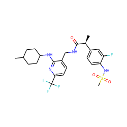 CC1CCC(Nc2nc(C(F)(F)F)ccc2CNC(=O)[C@@H](C)c2ccc(NS(C)(=O)=O)c(F)c2)CC1 ZINC000095574459