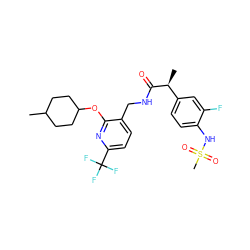 CC1CCC(Oc2nc(C(F)(F)F)ccc2CNC(=O)[C@@H](C)c2ccc(NS(C)(=O)=O)c(F)c2)CC1 ZINC000096270942