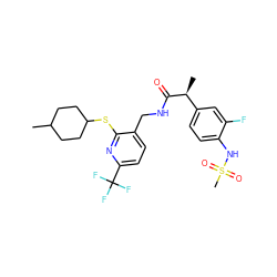 CC1CCC(Sc2nc(C(F)(F)F)ccc2CNC(=O)[C@@H](C)c2ccc(NS(C)(=O)=O)c(F)c2)CC1 ZINC000096286080