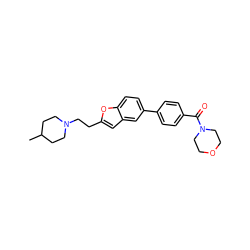 CC1CCN(CCc2cc3cc(-c4ccc(C(=O)N5CCOCC5)cc4)ccc3o2)CC1 ZINC000013589410