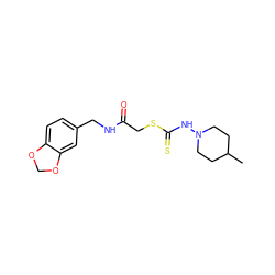 CC1CCN(NC(=S)SCC(=O)NCc2ccc3c(c2)OCO3)CC1 ZINC001772650316