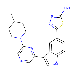 CC1CCN(c2cncc(-c3c[nH]c4ccc(-c5nnc(N)s5)cc34)n2)CC1 ZINC000204754911