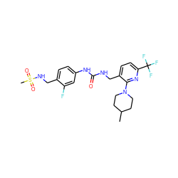 CC1CCN(c2nc(C(F)(F)F)ccc2CNC(=O)Nc2ccc(CNS(C)(=O)=O)c(F)c2)CC1 ZINC000169703316