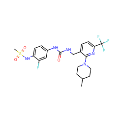 CC1CCN(c2nc(C(F)(F)F)ccc2CNC(=O)Nc2ccc(NS(C)(=O)=O)c(F)c2)CC1 ZINC000653882901