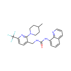 CC1CCN(c2nc(C(F)(F)F)ccc2CNC(=O)Nc2cccc3cccnc23)CC1 ZINC000145884048