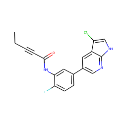 CCC#CC(=O)Nc1cc(-c2cnc3[nH]cc(Cl)c3c2)ccc1F ZINC000221127477