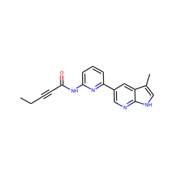 CCC#CC(=O)Nc1cccc(-c2cnc3[nH]cc(C)c3c2)n1 ZINC000220897284