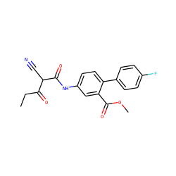 CCC(=O)C(C#N)C(=O)Nc1ccc(-c2ccc(F)cc2)c(C(=O)OC)c1 ZINC000101459807