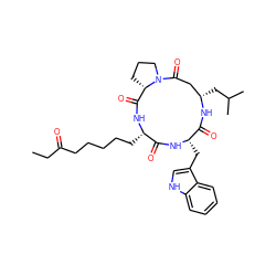 CCC(=O)CCCCC[C@@H]1NC(=O)[C@@H]2CCCN2C(=O)C[C@H](CC(C)C)NC(=O)[C@H](Cc2c[nH]c3ccccc23)NC1=O ZINC000084602098