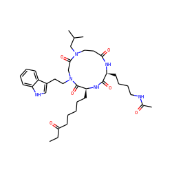 CCC(=O)CCCCC[C@@H]1NC(=O)[C@H](CCCCNC(C)=O)NC(=O)CCN(CC(C)C)C(=O)CN(CCc2c[nH]c3ccccc23)C1=O ZINC000095555208