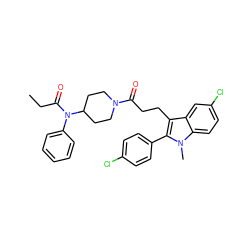 CCC(=O)N(c1ccccc1)C1CCN(C(=O)CCc2c(-c3ccc(Cl)cc3)n(C)c3ccc(Cl)cc23)CC1 ZINC000026833347