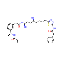 CCC(=O)N[C@@H](C)c1cccc(CC(=O)NC(=N)CCC(=N)CCCCc2nnc(NC(=O)Cc3ccccc3)s2)c1 ZINC000169698636