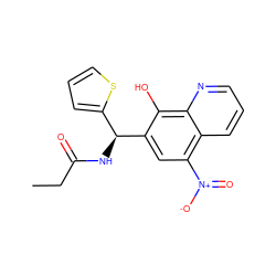 CCC(=O)N[C@@H](c1cccs1)c1cc([N+](=O)[O-])c2cccnc2c1O ZINC000004844909