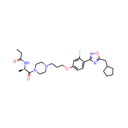 CCC(=O)N[C@H](C)C(=O)N1CCN(CCCOc2ccc(-c3noc(CC4CCCC4)n3)c(F)c2)CC1 ZINC000013589360