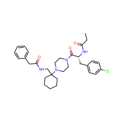 CCC(=O)N[C@H](Cc1ccc(Cl)cc1)C(=O)N1CCN(C2(CNC(=O)Cc3ccccc3)CCCCC2)CC1 ZINC000095613682