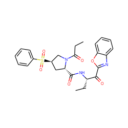 CCC(=O)N1C[C@H](S(=O)(=O)c2ccccc2)C[C@H]1C(=O)N[C@@H](CC)C(=O)c1nc2ccccc2o1 ZINC000096908158