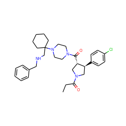 CCC(=O)N1C[C@H](c2ccc(Cl)cc2)[C@@H](C(=O)N2CCN(C3(CNCc4ccccc4)CCCCC3)CC2)C1 ZINC000028953916