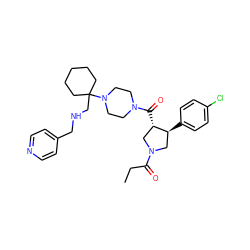 CCC(=O)N1C[C@H](c2ccc(Cl)cc2)[C@@H](C(=O)N2CCN(C3(CNCc4ccncc4)CCCCC3)CC2)C1 ZINC000028953950