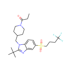 CCC(=O)N1CCC(Cn2c(C(C)(C)C)nc3cc(S(=O)(=O)CCCC(F)(F)F)ccc32)CC1 ZINC000073197167