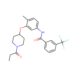 CCC(=O)N1CCC(Oc2cc(NC(=O)c3cccc(C(F)(F)F)c3)ccc2C)CC1 ZINC000653825239