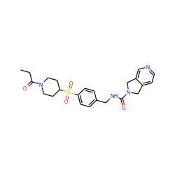 CCC(=O)N1CCC(S(=O)(=O)c2ccc(CNC(=O)N3Cc4ccncc4C3)cc2)CC1 ZINC000096283091